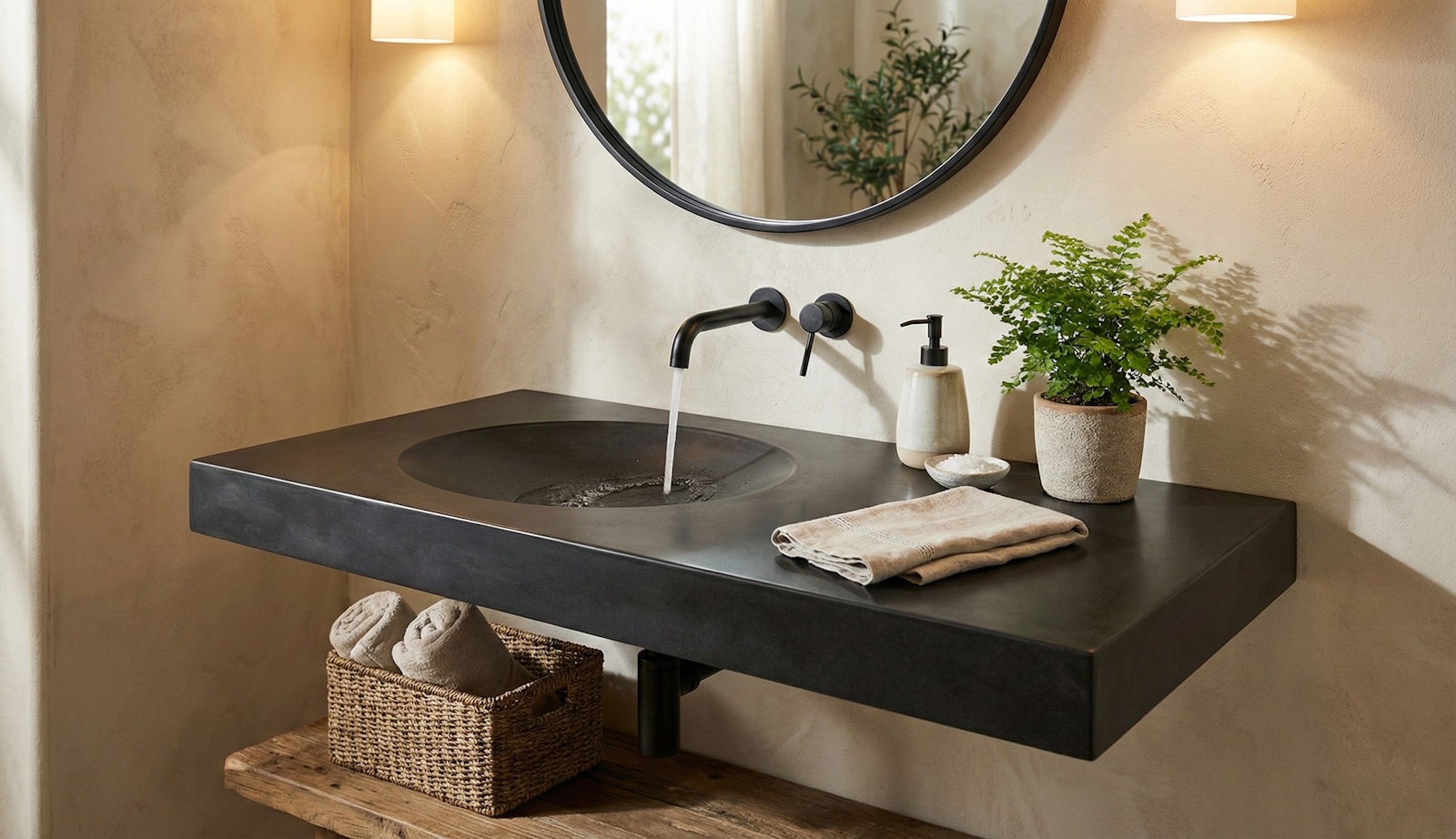 Concrete sink with wall faucet and round mirror
