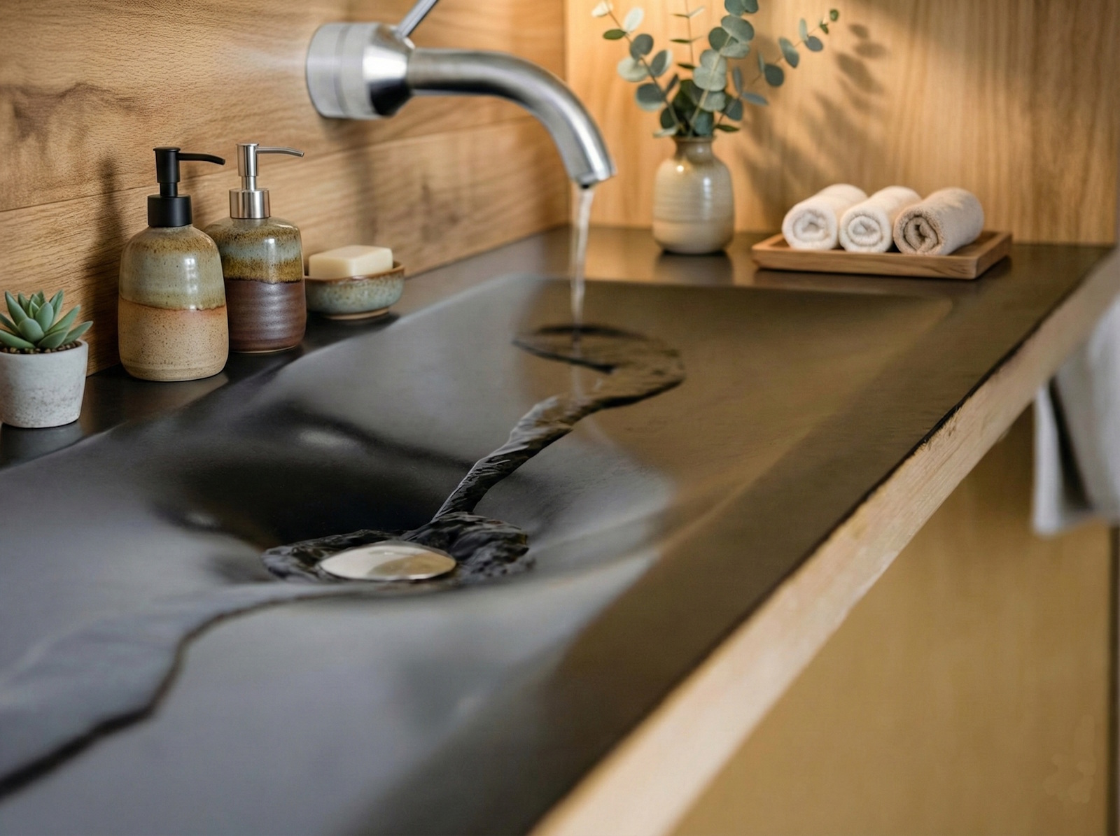 Concrete sink with organic dark flow pattern